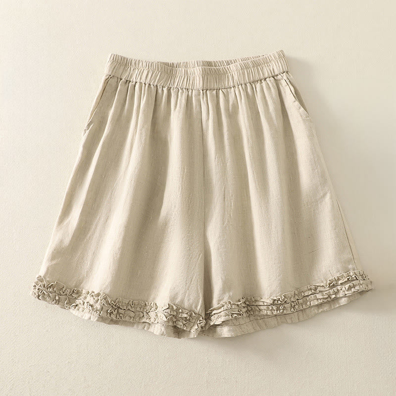Buddha Stones Pantaloncini da donna estivi casual vintage a tinta unita con elastico in vita e orlo a balze, con tasche. - Beige - US8-10, UK/AU12-14, EU40-42 (2XL) - image 21