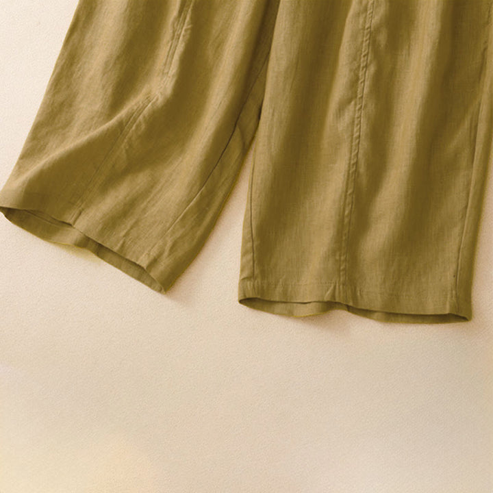 Buddha Stones Pantaloni corti estivi casual minimalisti a tinta unita con volant e vita elasticizzata, gamba dritta e tasca. - image 13