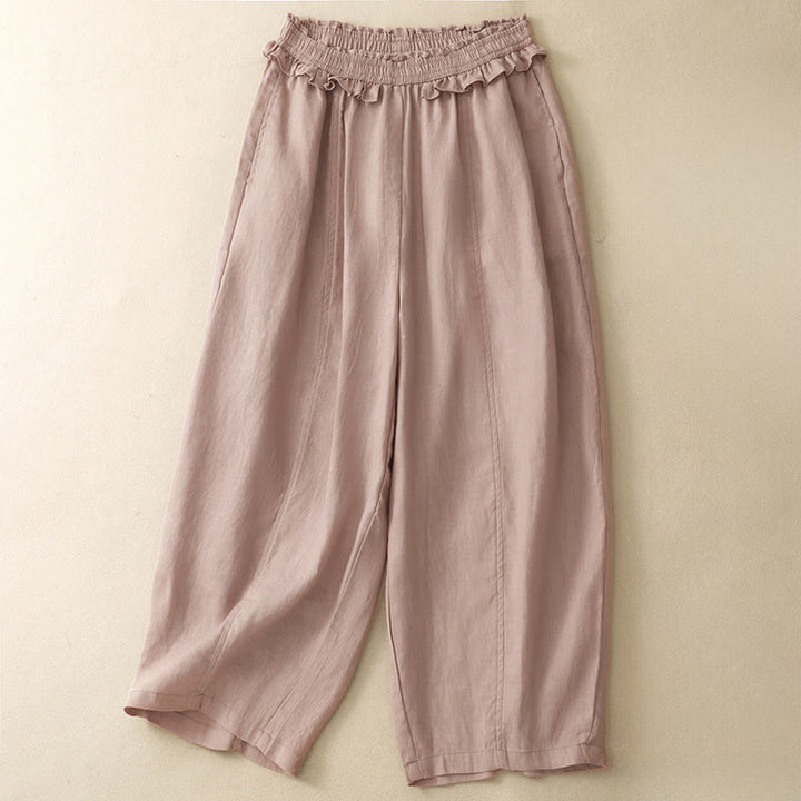 Buddha Stones Pantaloni corti estivi casual minimalisti a tinta unita con volant e vita elasticizzata, gamba dritta e tasca. - Rosa chiaro - US8-10, UK/AU12-14, EU40-42 (2XL) - image 0