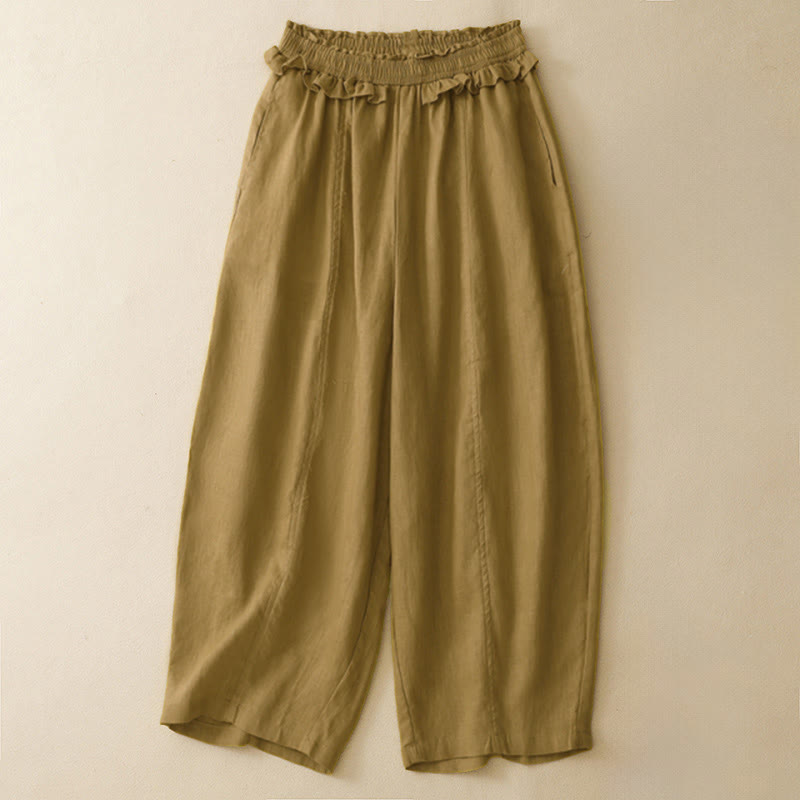 Buddha Stones Pantaloni corti estivi casual minimalisti a tinta unita con volant e vita elasticizzata, gamba dritta e tasca. - Verga d'oro - US8-10, UK/AU12-14, EU40-42 (2XL) - image 10