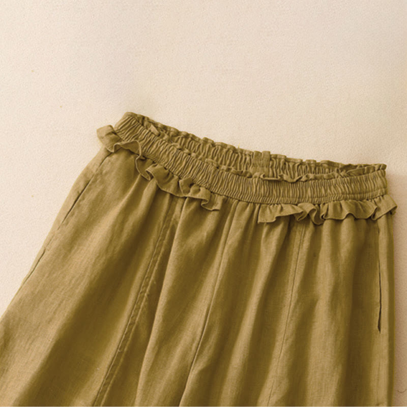 Buddha Stones Pantaloni corti estivi casual minimalisti a tinta unita con volant e vita elasticizzata, gamba dritta e tasca. - image 11