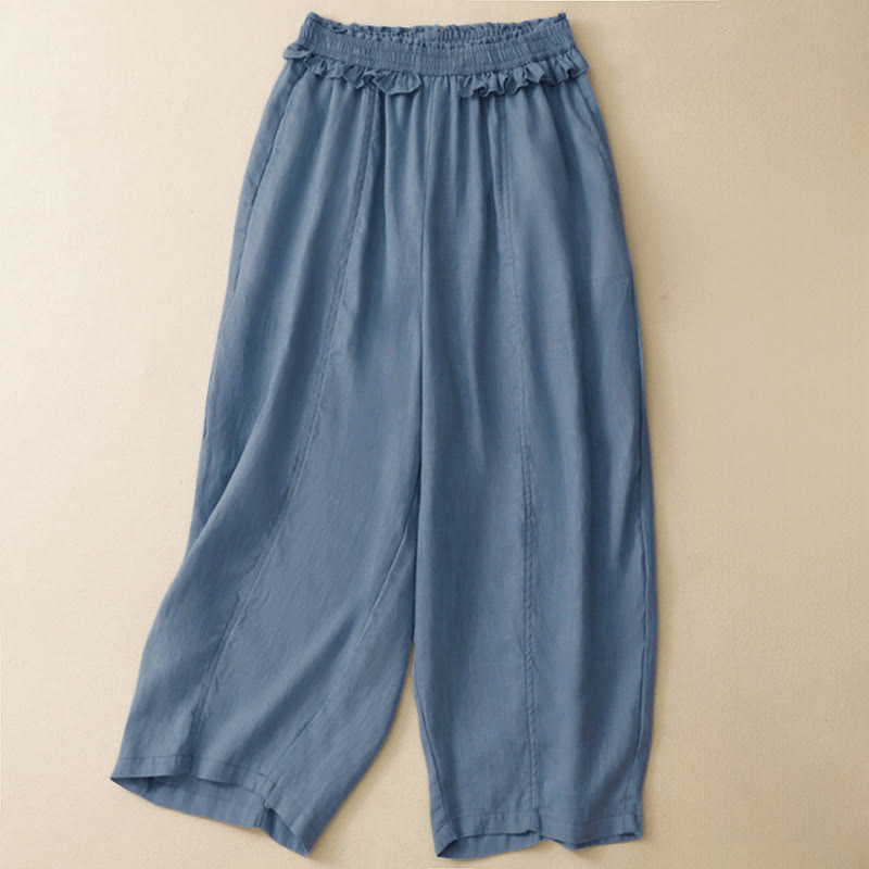 Buddha Stones Pantaloni corti estivi casual minimalisti a tinta unita con volant e vita elasticizzata, gamba dritta e tasca. - Blu acciaio chiaro - US8-10, UK/AU12-14, EU40-42 (2XL) - image 5