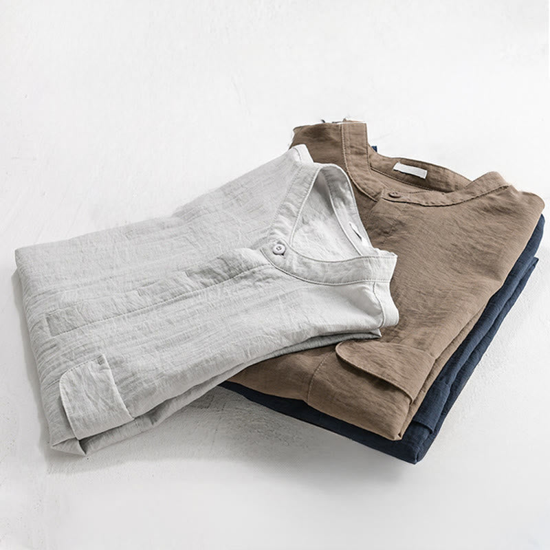 Buddha Stones Camicia da uomo estiva casual a maniche corte, stile Tang, con colletto alla coreana, mezzo bottone e taschino decorativo. - image 17