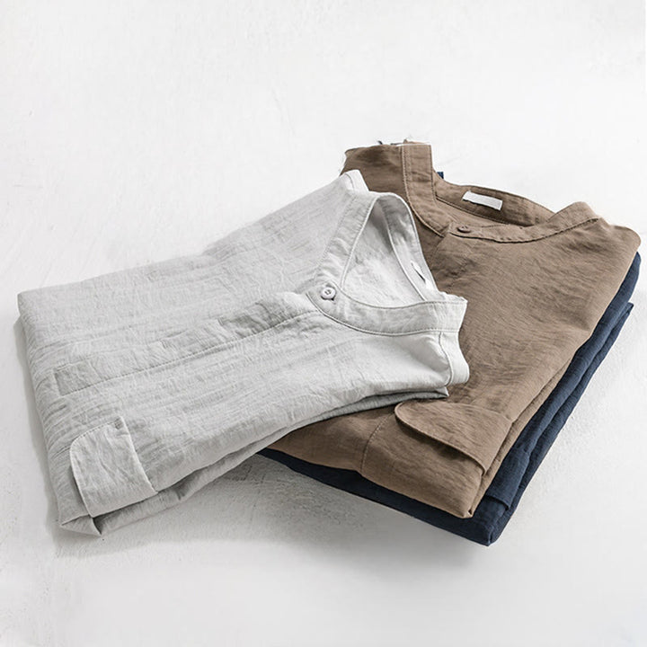 Buddha Stones Camicia da uomo estiva casual a maniche corte, stile Tang, con colletto alla coreana, mezzo bottone e taschino decorativo. - image 17