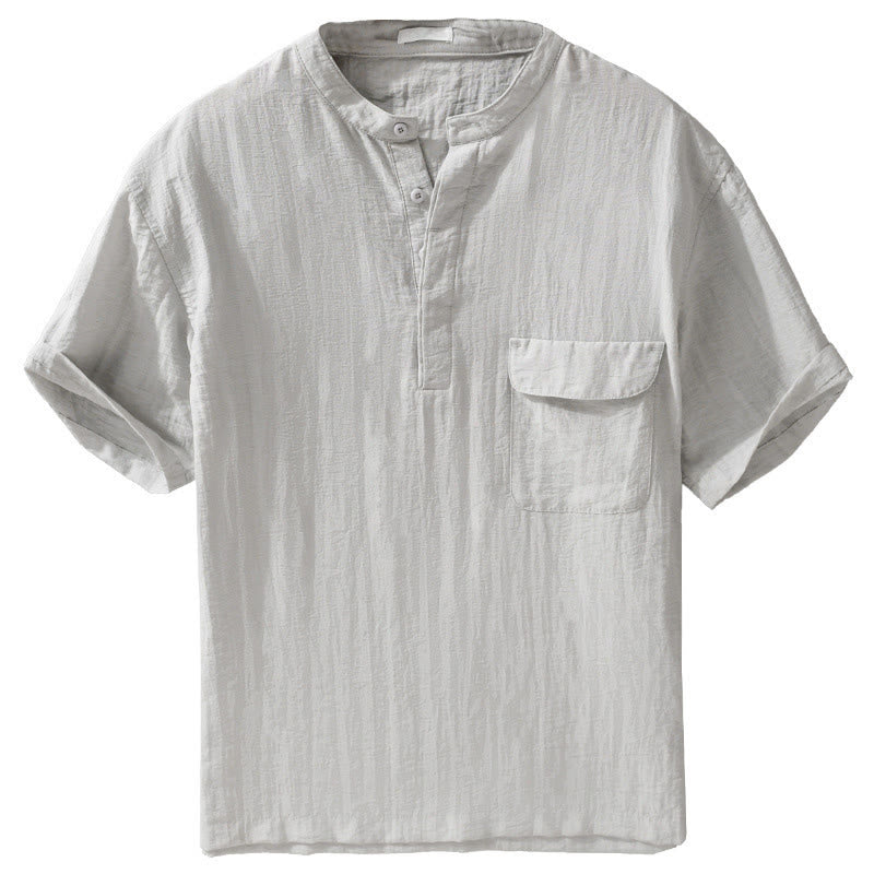 Buddha Stones Camicia da uomo estiva casual a maniche corte, stile Tang, con colletto alla coreana, mezzo bottone e taschino decorativo. - image 2