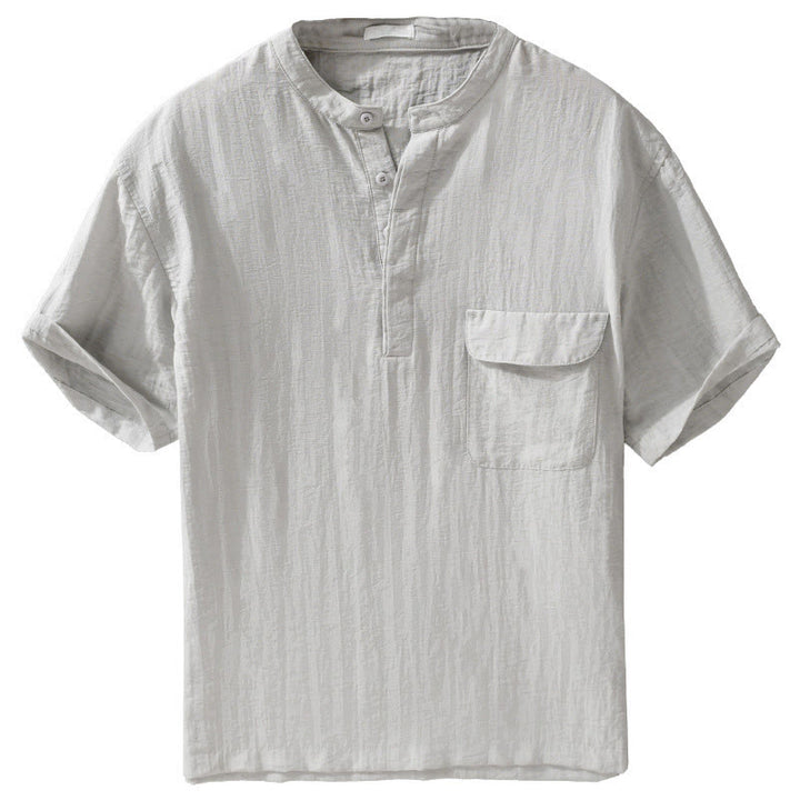 Buddha Stones Camicia da uomo estiva casual a maniche corte, stile Tang, con colletto alla coreana, mezzo bottone e taschino decorativo. - image 2