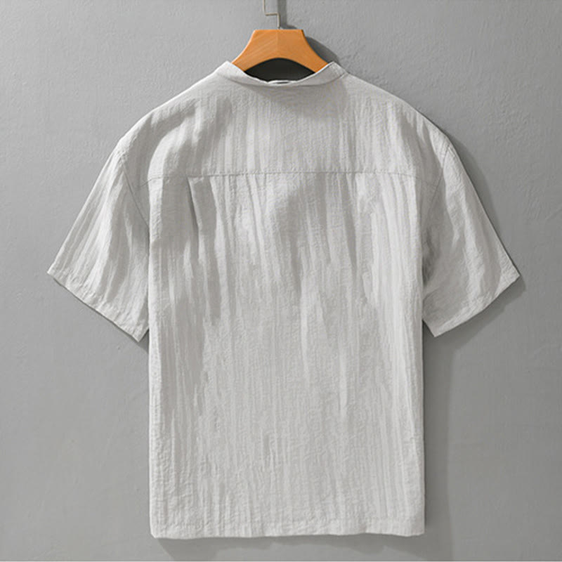 Buddha Stones Camicia da uomo estiva casual a maniche corte, stile Tang, con colletto alla coreana, mezzo bottone e taschino decorativo. - image 1