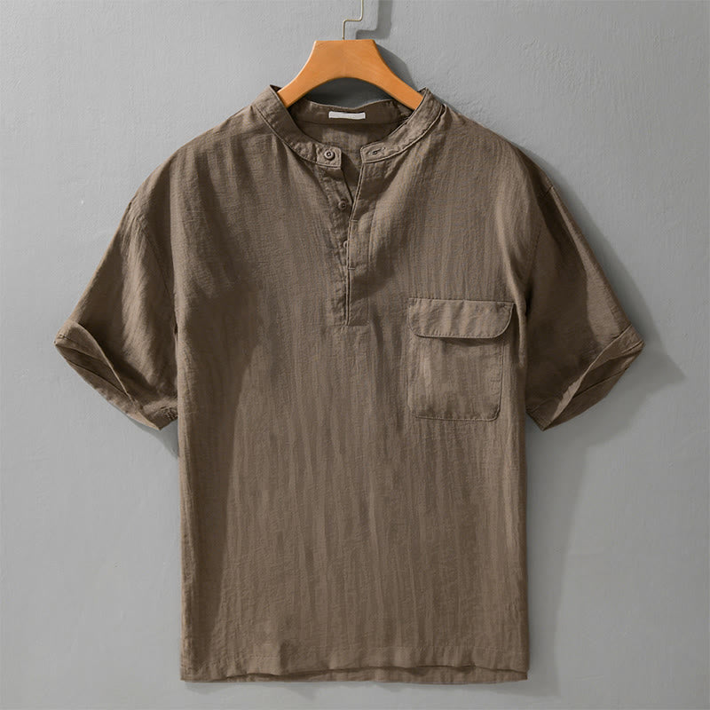Buddha Stones Camicia da uomo estiva casual a maniche corte, stile Tang, con colletto alla coreana, mezzo bottone e taschino decorativo. - Siena - US/UK/AU42, EU52 (3XL) - image 13