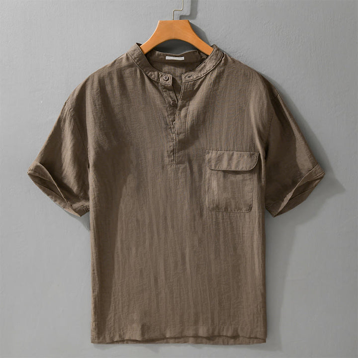 Buddha Stones Camicia da uomo estiva casual a maniche corte, stile Tang, con colletto alla coreana, mezzo bottone e taschino decorativo. - Siena - US/UK/AU42, EU52 (3XL) - image 13