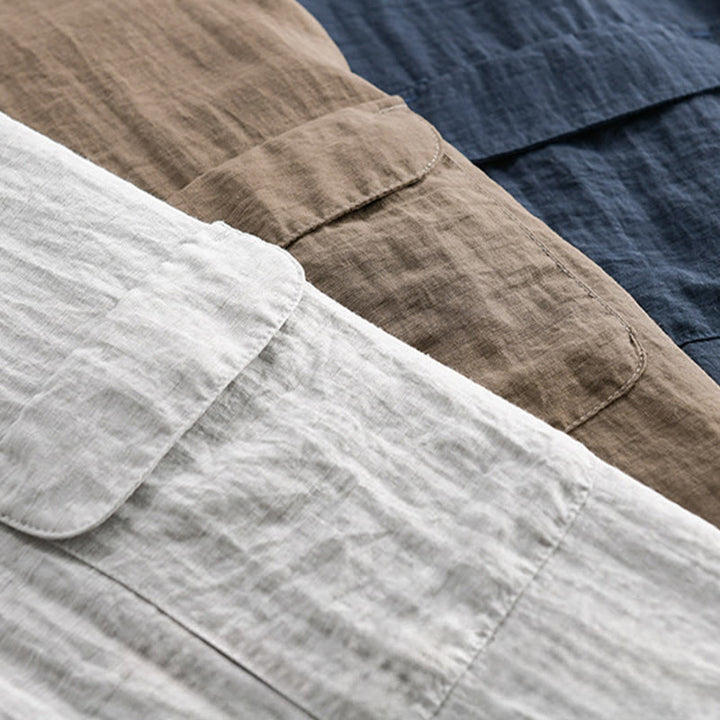 Buddha Stones Camicia da uomo estiva casual a maniche corte, stile Tang, con colletto alla coreana, mezzo bottone e taschino decorativo. - image 19