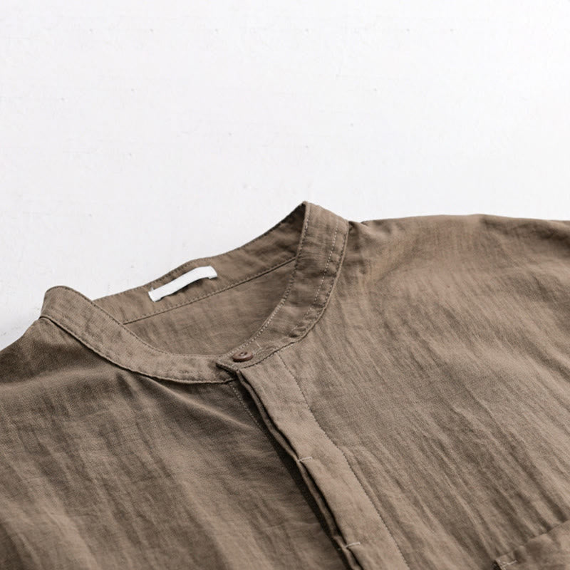 Buddha Stones Camicia da uomo estiva casual a maniche corte, stile Tang, con colletto alla coreana, mezzo bottone e taschino decorativo. - image 14