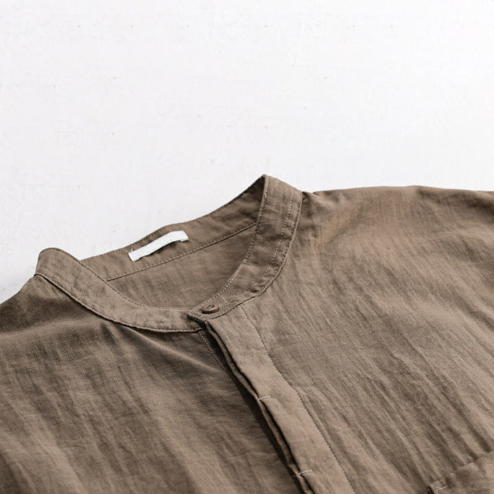 Buddha Stones Camicia da uomo estiva casual a maniche corte, stile Tang, con colletto alla coreana, mezzo bottone e taschino decorativo. - image 14