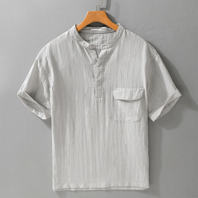 Buddha Stones Camicia da uomo estiva casual a maniche corte, stile Tang, con colletto alla coreana, mezzo bottone e taschino decorativo. - Gainsboro - US/UK/AU42, EU52 (3XL) - image 0
