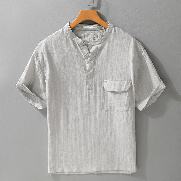 Buddha Stones Camicia da uomo estiva casual a maniche corte, stile Tang, con colletto alla coreana, mezzo bottone e taschino decorativo. - Gainsboro - US/UK/AU42, EU52 (3XL) - image 0