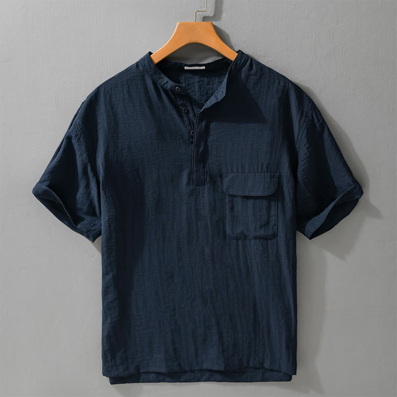 Buddha Stones Camicia da uomo estiva casual a maniche corte, stile Tang, con colletto alla coreana, mezzo bottone e taschino decorativo. - Blu notte - US/UK/AU42, EU52 (3XL) - image 9