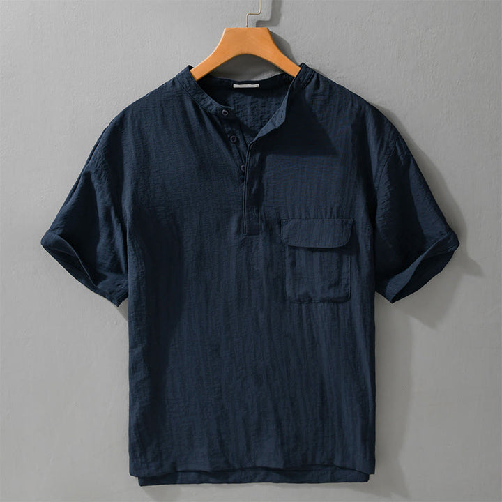 Buddha Stones Camicia da uomo estiva casual a maniche corte, stile Tang, con colletto alla coreana, mezzo bottone e taschino decorativo. - Blu notte - US/UK/AU42, EU52 (3XL) - image 9