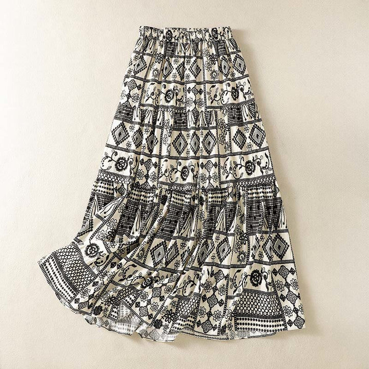 Buddha Stones Gonna estiva da donna in stile bohémien casual, nera e beige, con stampa geometrica e floreale. - Beige - US4, UK/AU8, EU36-38 (SM) - image 0