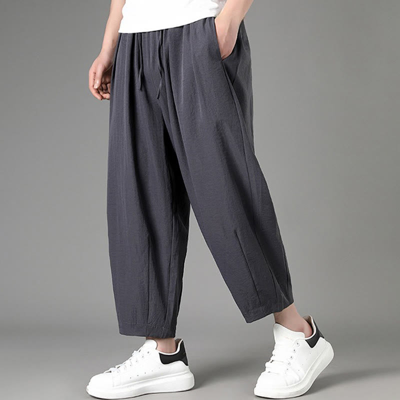 Buddha Stones Pantaloni capri estivi casual minimalisti con coulisse, pantaloni harem da uomo con tasche - image 11