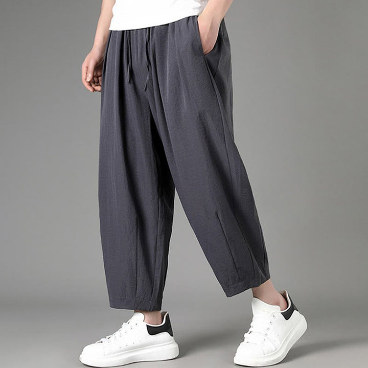 Buddha Stones Pantaloni capri estivi casual minimalisti con coulisse, pantaloni harem da uomo con tasche - image 11