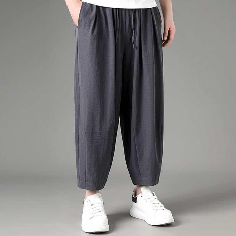Buddha Stones Pantaloni capri estivi casual minimalisti con coulisse, pantaloni harem da uomo con tasche - image 10