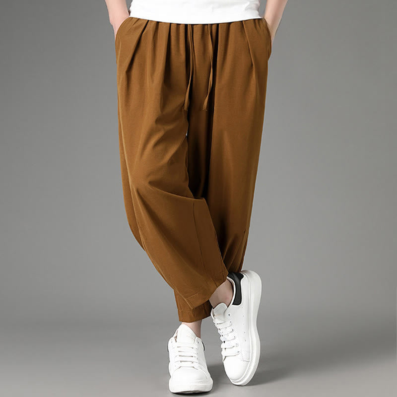 Buddha Stones Pantaloni capri estivi casual minimalisti con coulisse, pantaloni harem da uomo con tasche - image 4
