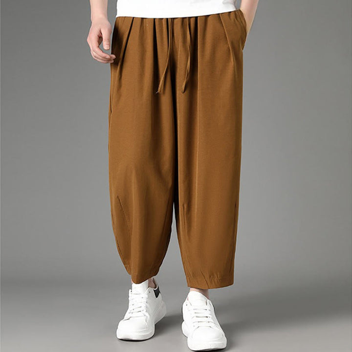 Buddha Stones Pantaloni capri estivi casual minimalisti con coulisse, pantaloni harem da uomo con tasche - image 1