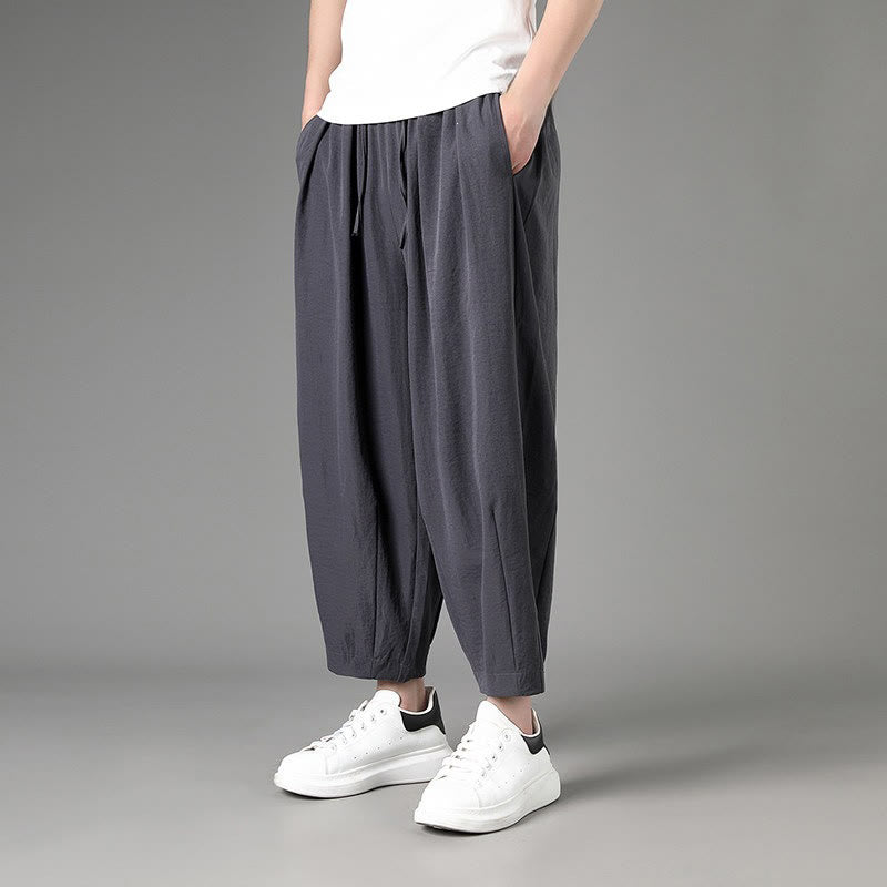 Buddha Stones Pantaloni capri estivi casual minimalisti con coulisse, pantaloni harem da uomo con tasche - image 12