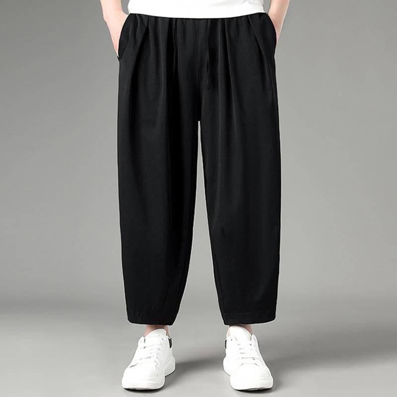 Buddha Stones Pantaloni capri estivi casual minimalisti con coulisse, pantaloni harem da uomo con tasche - Nero - US/UK/AU46, EU56 (5XL) - image 5