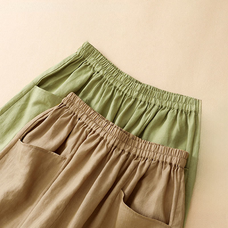 Buddha Stones Pantaloni estivi casual a tinta unita con elastico in vita, modello cropped da donna a gamba larga con tasche. - image 17
