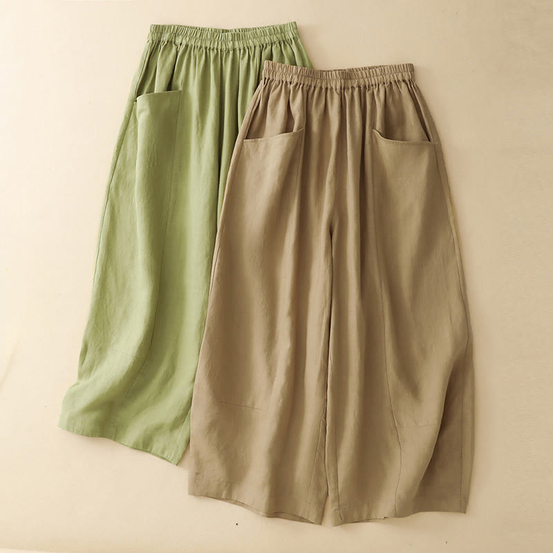 Buddha Stones Pantaloni estivi casual a tinta unita con elastico in vita, modello cropped da donna a gamba larga con tasche. - image 15