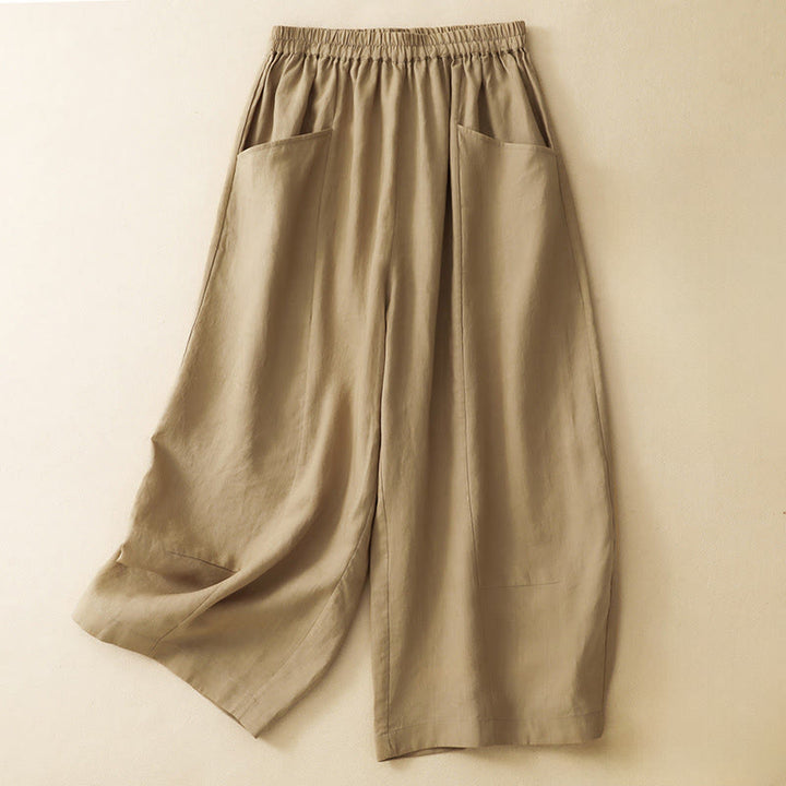 Buddha Stones Pantaloni estivi casual a tinta unita con elastico in vita, modello cropped da donna a gamba larga con tasche. - Tan - US12, UK/AU16, EU44 (2XL) - image 0
