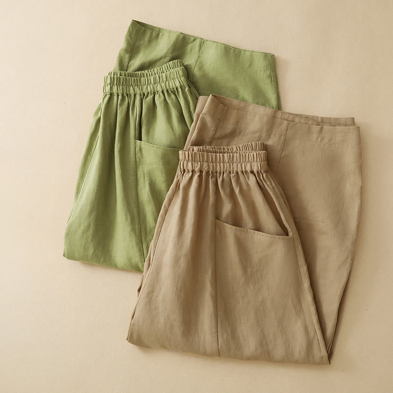 Buddha Stones Pantaloni estivi casual a tinta unita con elastico in vita, modello cropped da donna a gamba larga con tasche. - image 16