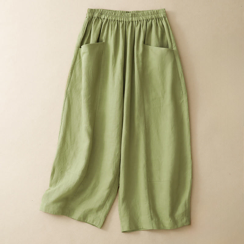Buddha Stones Pantaloni estivi casual a tinta unita con elastico in vita, modello cropped da donna a gamba larga con tasche. - Verde chiaro - US12, UK/AU16, EU44 (2XL) - image 10
