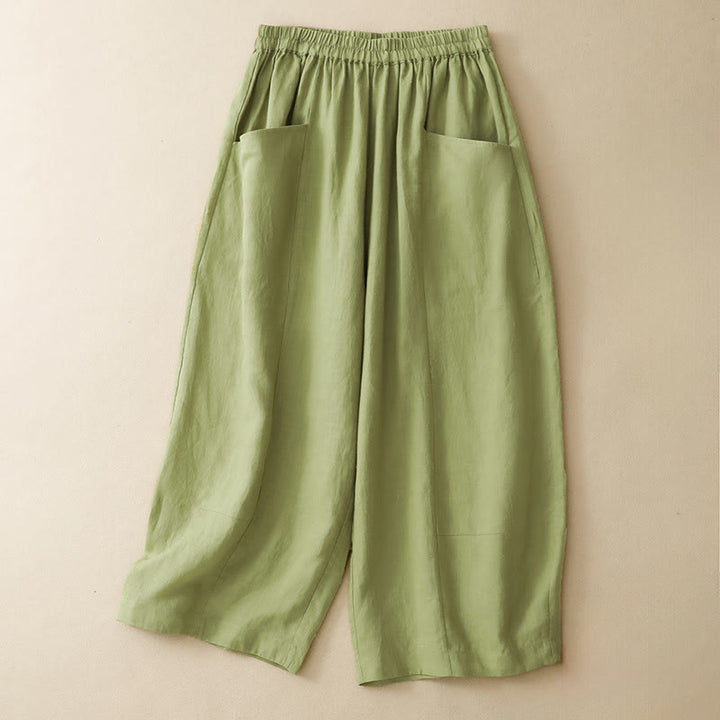 Buddha Stones Pantaloni estivi casual a tinta unita con elastico in vita, modello cropped da donna a gamba larga con tasche. - Verde chiaro - US12, UK/AU16, EU44 (2XL) - image 10
