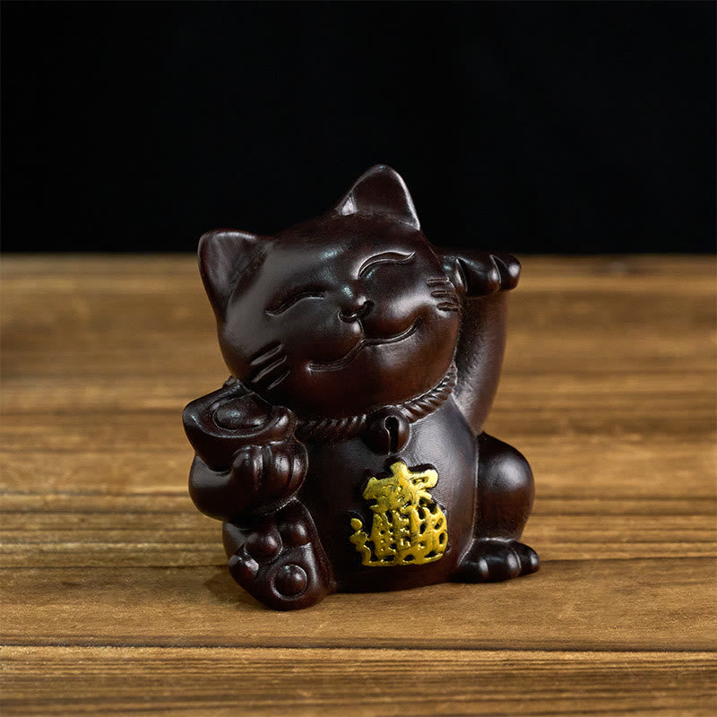 Buddha Stones Gatto portafortuna intagliato in legno d'ebano per attirare ricchezza e benedizione. Decorazione portafortuna. - Ebano - 20 cm (colore e dimensioni possono variare) - image 0