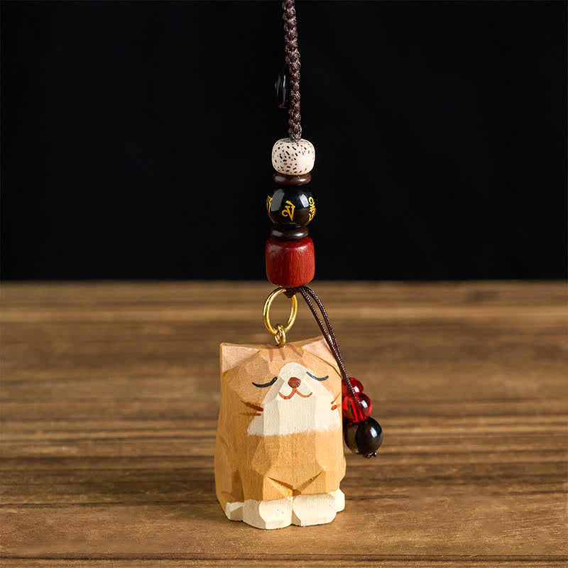 Buddha Stones Portachiavi in ​​legno intagliato a mano con gatto, Om Mani, Padme Hum, Pace. - image 0