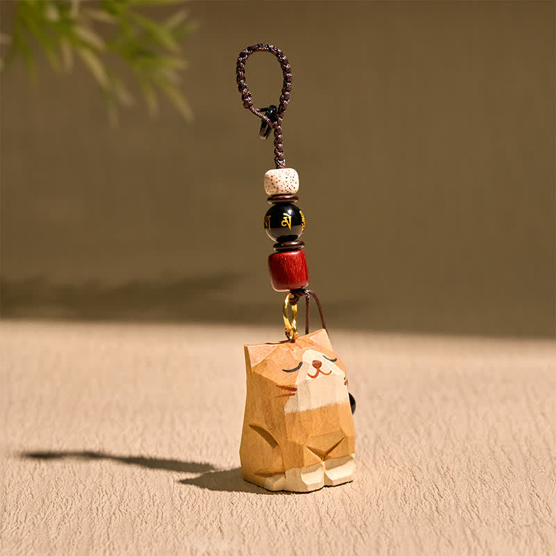 Buddha Stones Portachiavi in ​​legno intagliato a mano con gatto, Om Mani, Padme Hum, Pace. - image 1