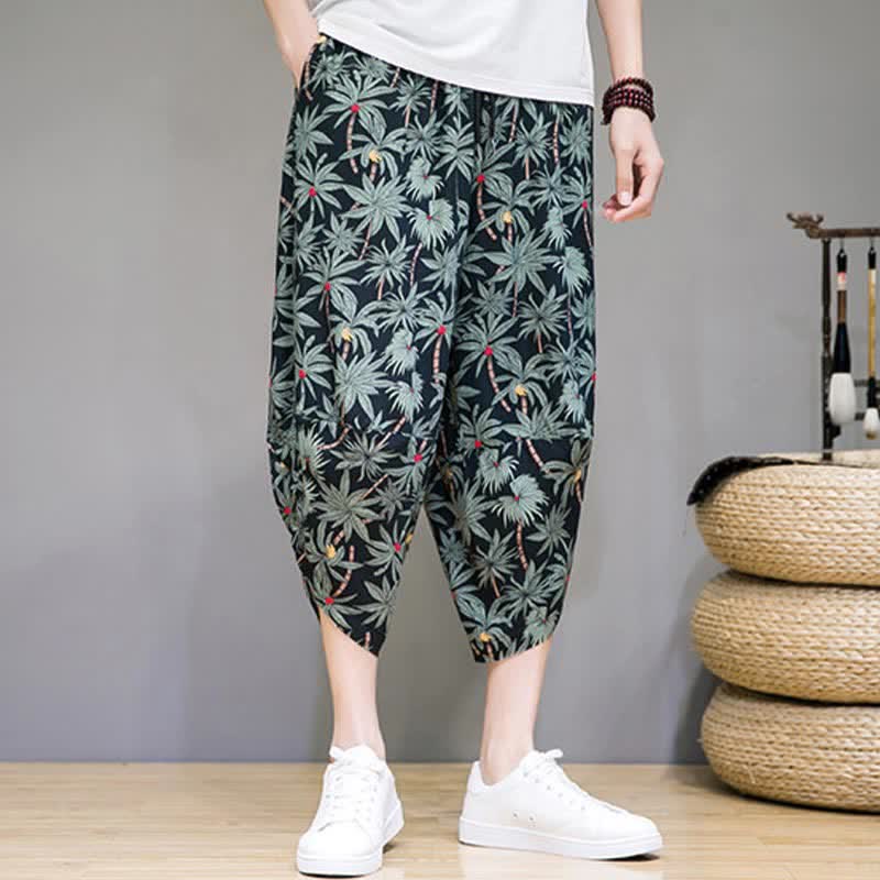 Buddha Stones Pantaloni capri estivi boho casual con coulisse e stampa floreale, pantaloni harem da uomo con tasca - image 1