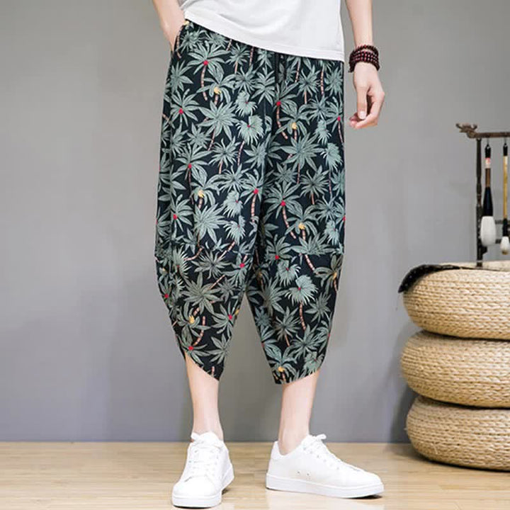 Buddha Stones Pantaloni capri estivi boho casual con coulisse e stampa floreale, pantaloni harem da uomo con tasca - image 1