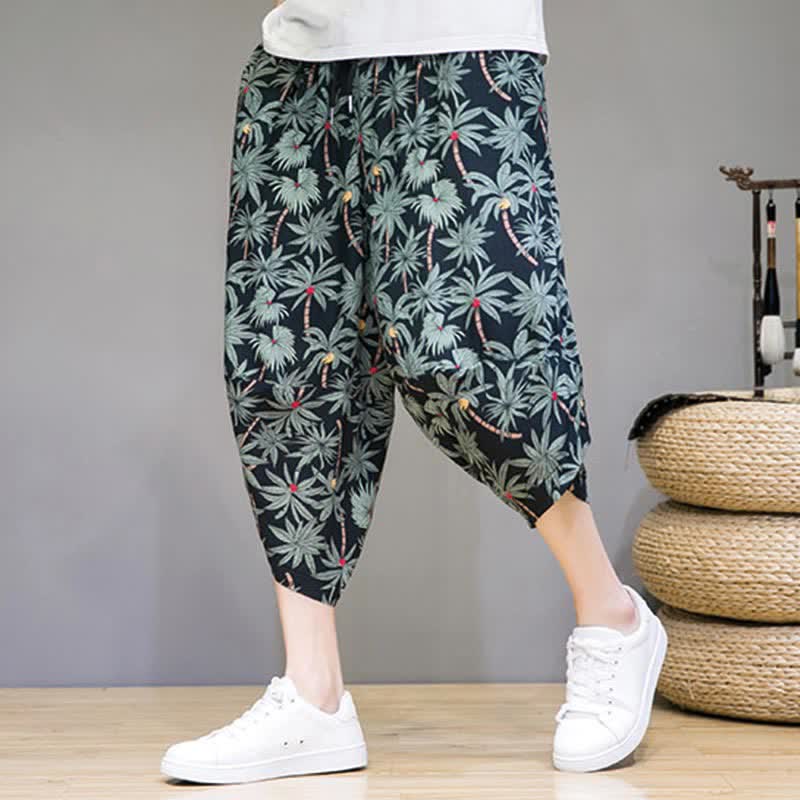 Buddha Stones Pantaloni capri estivi boho casual con coulisse e stampa floreale, pantaloni harem da uomo con tasca - image 2