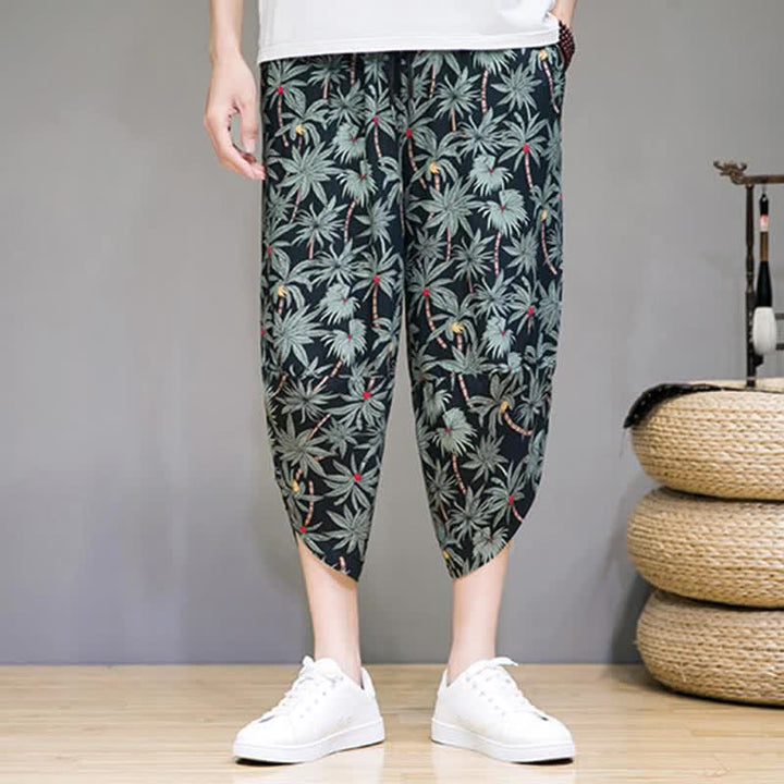 Buddha Stones Pantaloni capri estivi boho casual con coulisse e stampa floreale, pantaloni harem da uomo con tasca - image 4