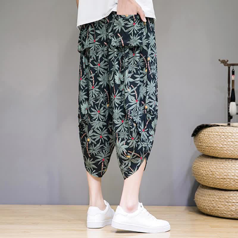 Buddha Stones Pantaloni capri estivi boho casual con coulisse e stampa floreale, pantaloni harem da uomo con tasca - image 3