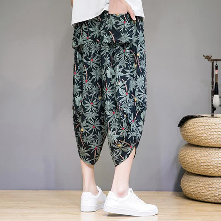 Buddha Stones Pantaloni capri estivi boho casual con coulisse e stampa floreale, pantaloni harem da uomo con tasca - image 3