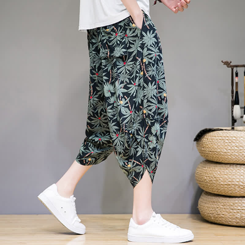 Buddha Stones Pantaloni capri estivi boho casual con coulisse e stampa floreale, pantaloni harem da uomo con tasca - image 5
