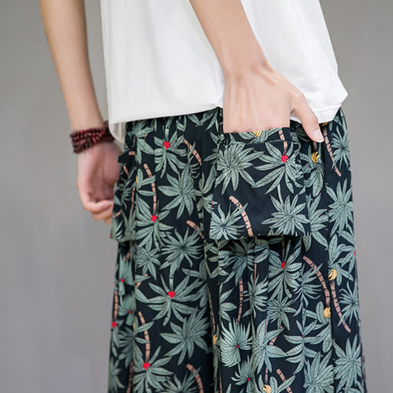 Buddha Stones Pantaloni capri estivi boho casual con coulisse e stampa floreale, pantaloni harem da uomo con tasca - image 10