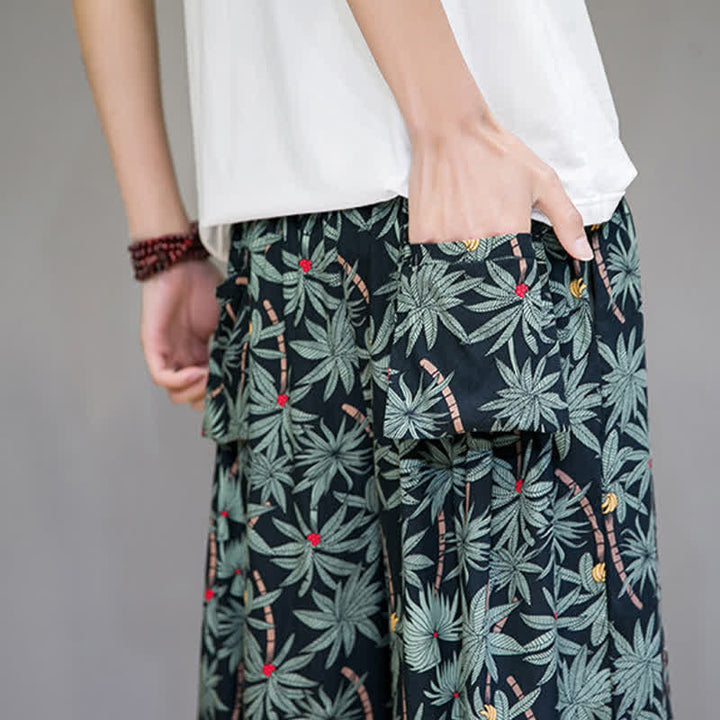 Buddha Stones Pantaloni capri estivi boho casual con coulisse e stampa floreale, pantaloni harem da uomo con tasca - image 10