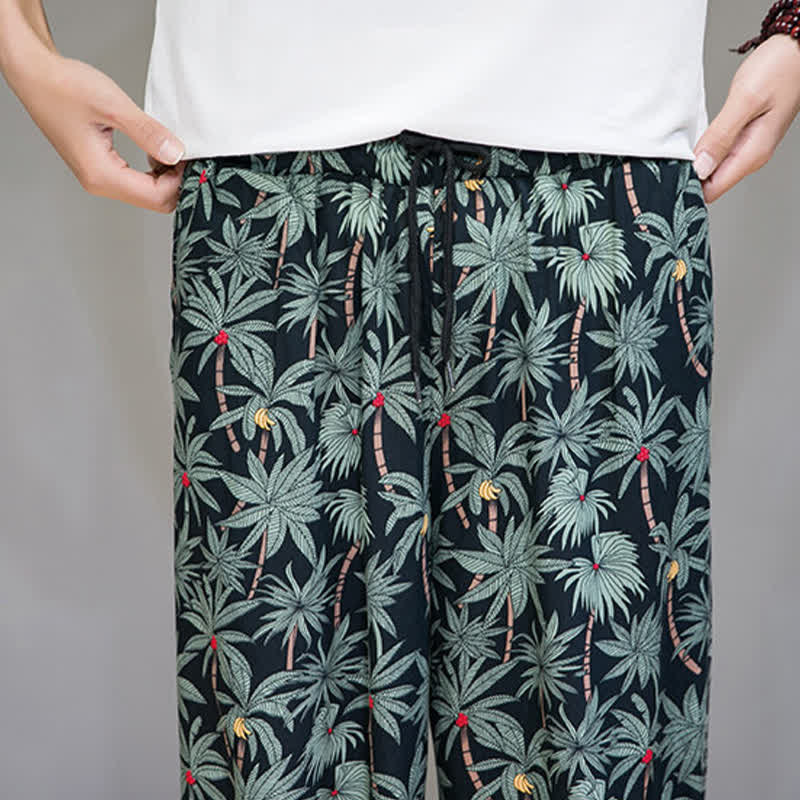 Buddha Stones Pantaloni capri estivi boho casual con coulisse e stampa floreale, pantaloni harem da uomo con tasca - image 8
