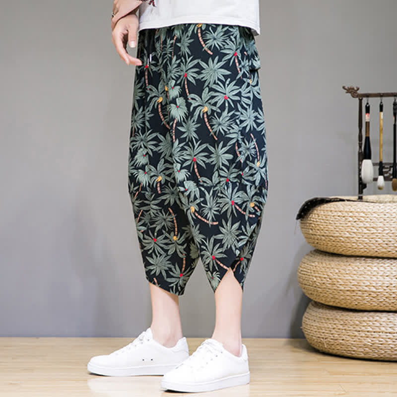 Buddha Stones Pantaloni capri estivi boho casual con coulisse e stampa floreale, pantaloni harem da uomo con tasca - image 6