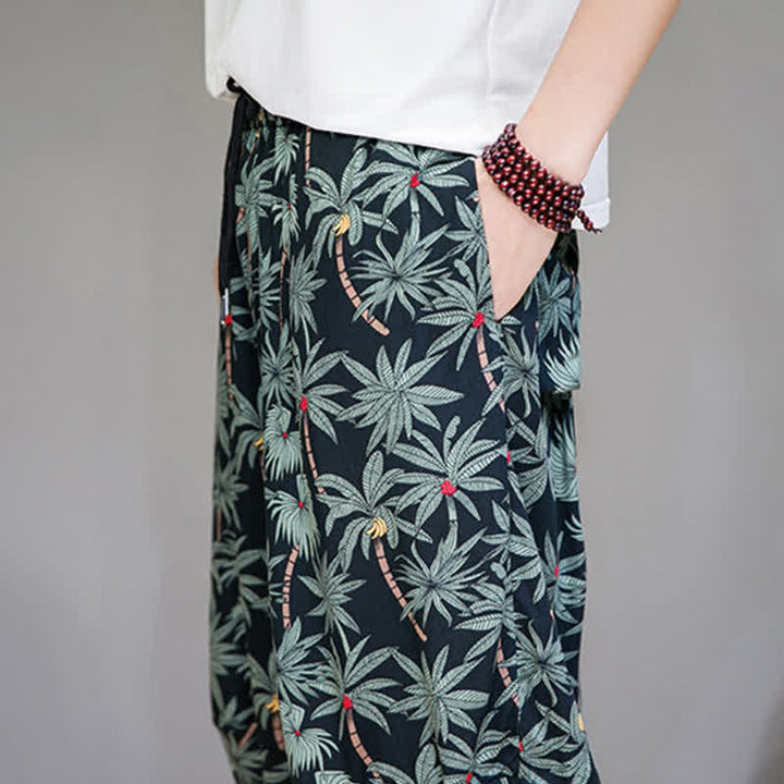 Buddha Stones Pantaloni capri estivi boho casual con coulisse e stampa floreale, pantaloni harem da uomo con tasca - image 9