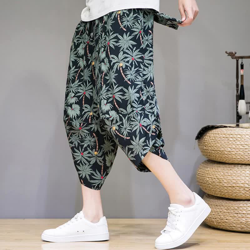 Buddha Stones Pantaloni capri estivi boho casual con coulisse e stampa floreale, pantaloni harem da uomo con tasca - Nero - US/UK/AU46, EU56 (5XL) - image 0